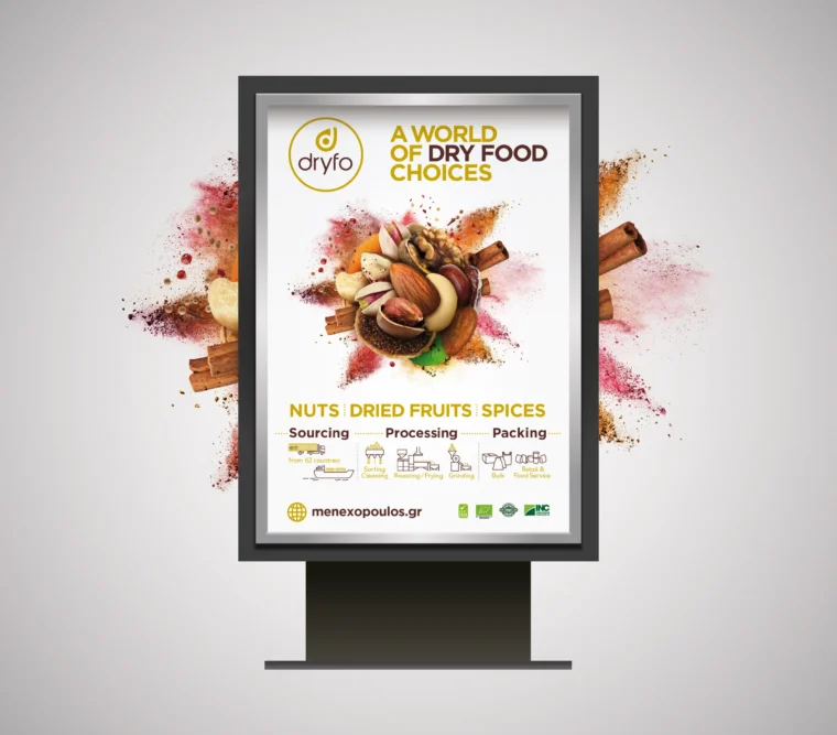 Dryfo key visual featuring an explosion of nuts, dried fruit and grains