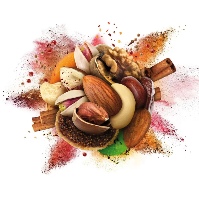 Dryfo food brand key visual with exploding nuts and dried fruit