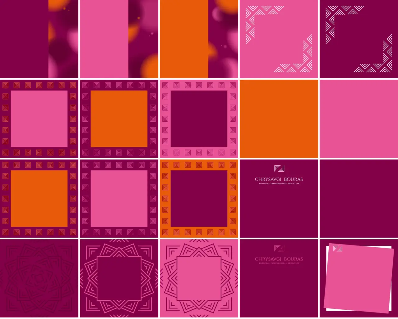 Custom designed social media background templates created by Plus Gravity for Chrysavgi Bouras, extending the brand identity across educational and professional social media content.
