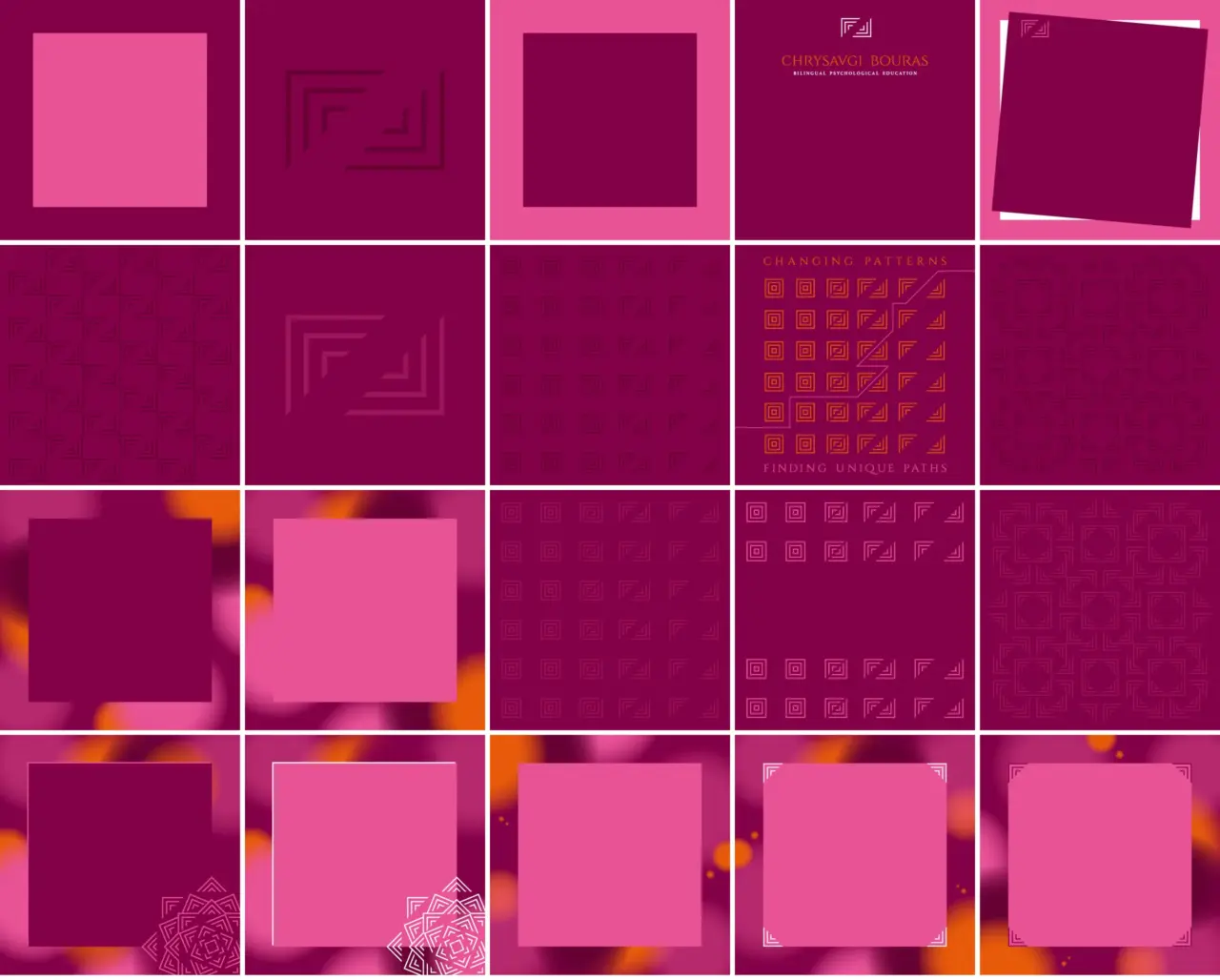 Custom designed social media background templates created by Plus Gravity for Chrysavgi Bouras, extending the brand identity across educational and professional social media content.