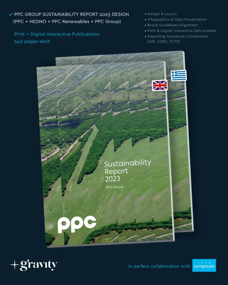 PPC Group Sustainability Report 2023 design including PPC, HEDNO and PPC Renewables with bilingual print and interactive digital editions