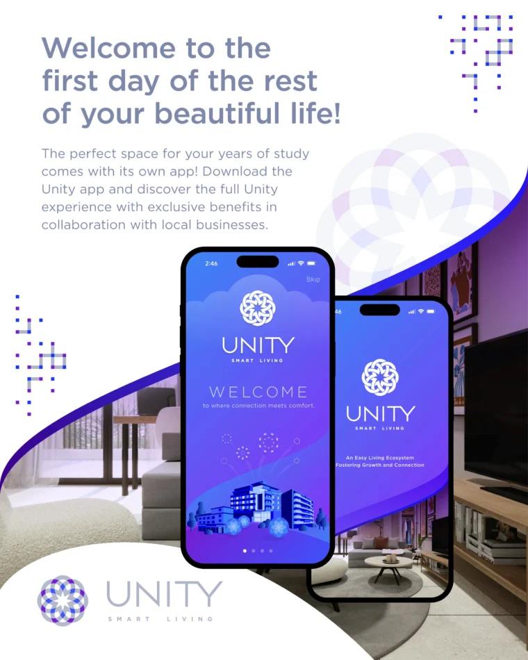 Mobile app user interface design for UNITY Smart Living based on a custom branding and visual identity system created by Plus Gravity