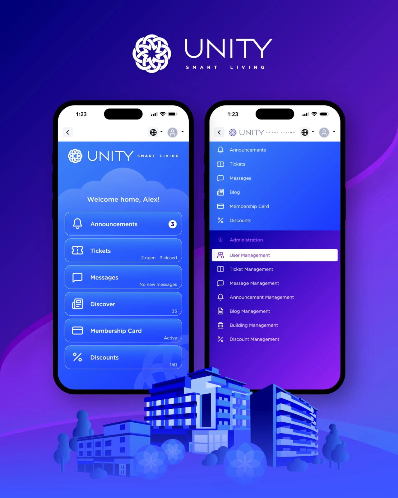 Mobile app user interface design for UNITY Smart Living based on a custom branding and visual identity system created by Plus Gravity