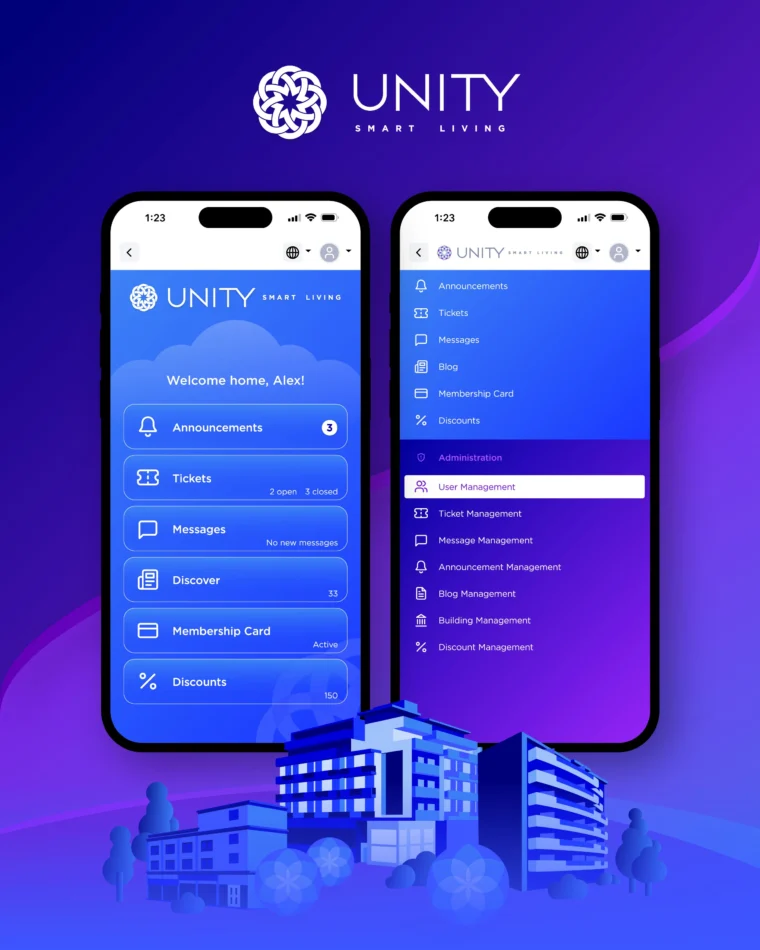Mobile app user interface design for UNITY Smart Living based on a custom branding and visual identity system created by Plus Gravity