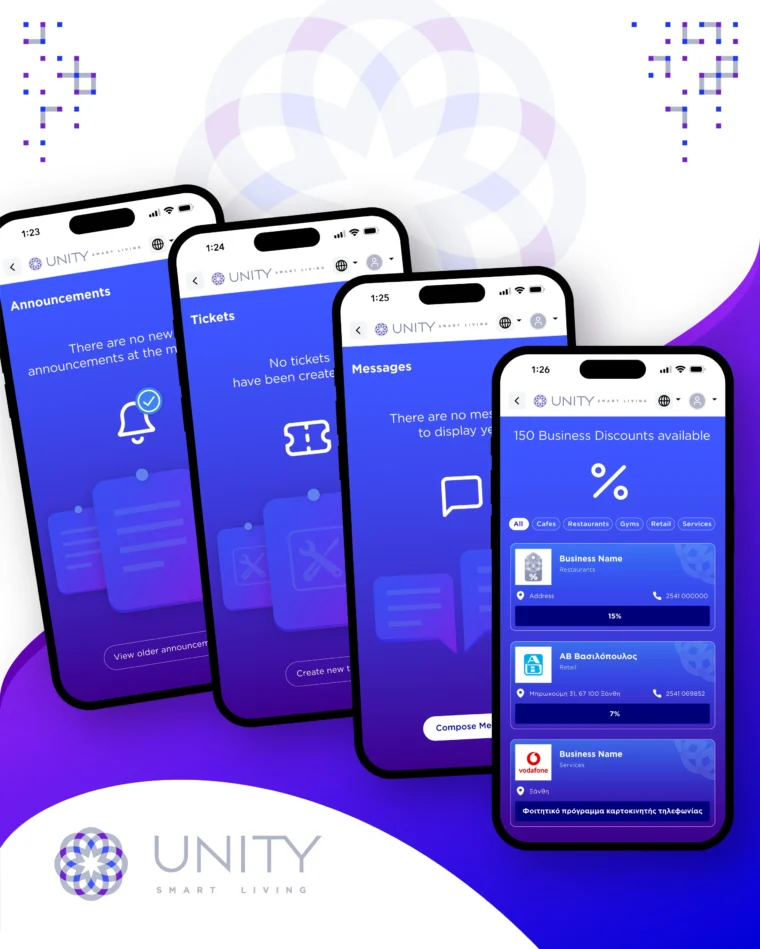 Mobile app user interface design for UNITY Smart Living based on a custom branding and visual identity system created by Plus Gravity