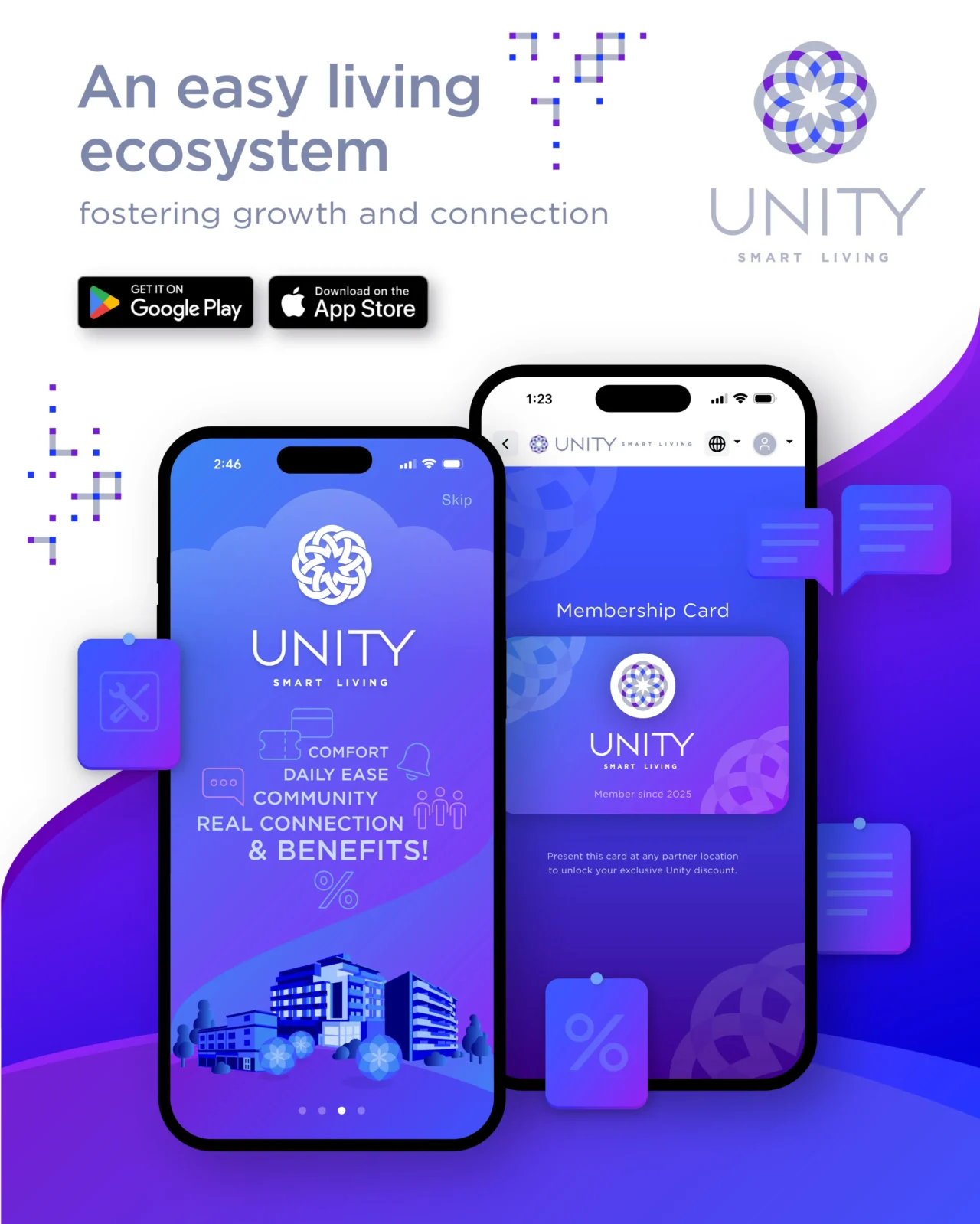 Mobile app user interface design for UNITY Smart Living based on a custom branding and visual identity system created by Plus Gravity