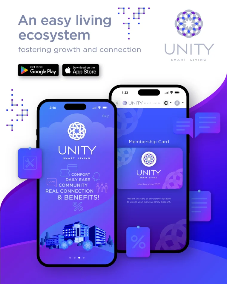 Mobile app user interface design for UNITY Smart Living based on a custom branding and visual identity system created by Plus Gravity