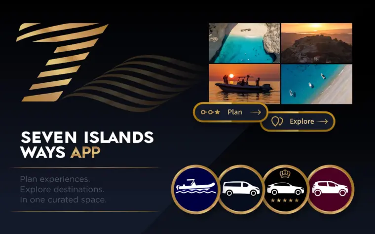 Travel app UI UX design for Seven Islands Ways featuring destination discovery, trip planning, curated experiences, and tourism services in the Ionian Islands