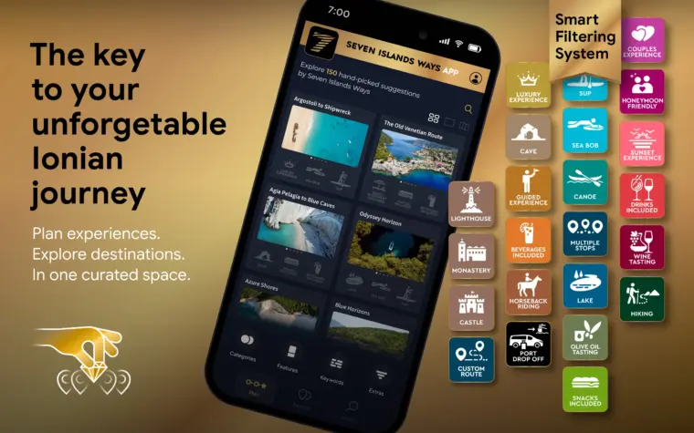 Travel app UI UX design for Seven Islands Ways featuring destination discovery, trip planning, curated experiences, and tourism services in the Ionian Islands