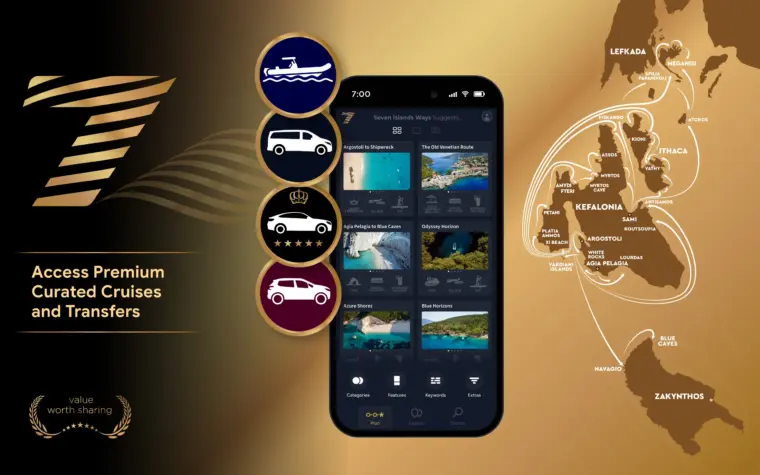 Travel app UI UX design for Seven Islands Ways featuring destination discovery, trip planning, curated experiences, and tourism services in the Ionian Islands