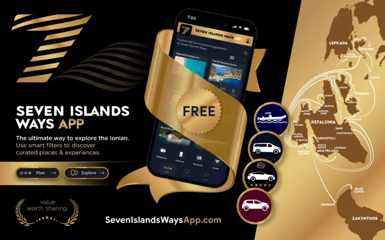 Travel app UI UX design for Seven Islands Ways featuring destination discovery, trip planning, curated experiences, and tourism services in the Ionian Islands