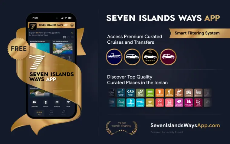 Travel app UI UX design for Seven Islands Ways featuring destination discovery, trip planning, curated experiences, and tourism services in the Ionian Islands