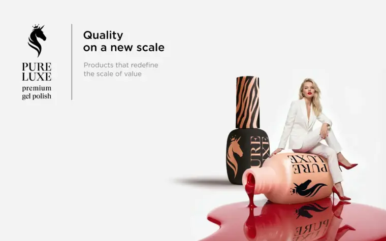 Premium cosmetics branding and packaging design and brand identity for PURE LUXE nail care products featuring custom logo design and luxury product packaging