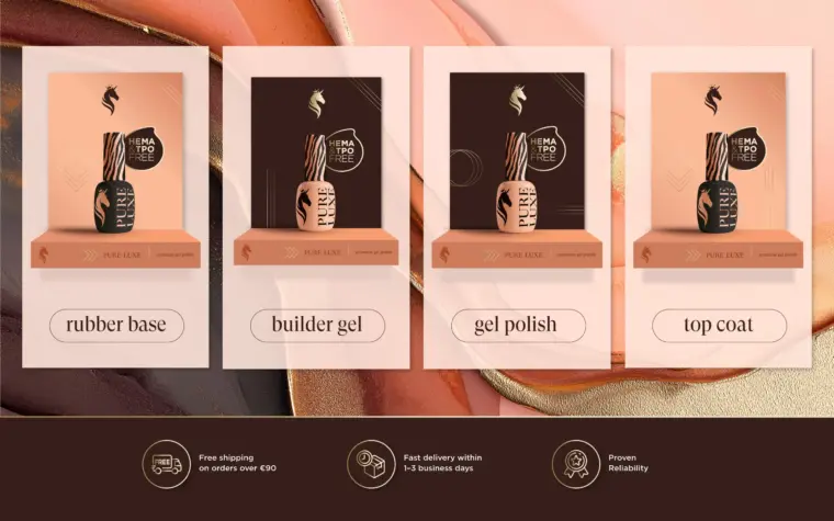 Premium cosmetics branding and packaging design and brand identity for PURE LUXE nail care products featuring custom logo design and luxury product packaging