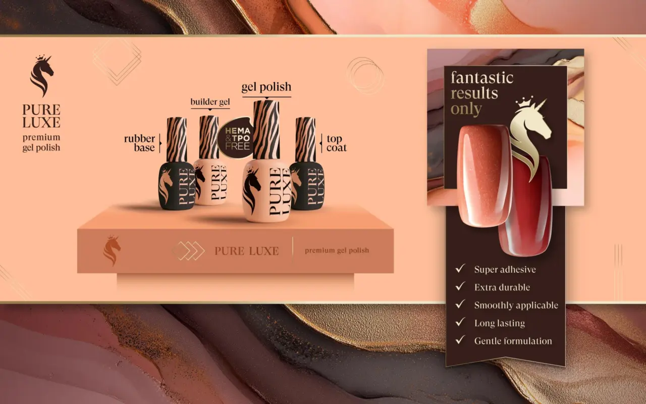 Premium cosmetic packaging design and brand identity for PURE LUXE nail care products featuring custom logo design and luxury product packaging