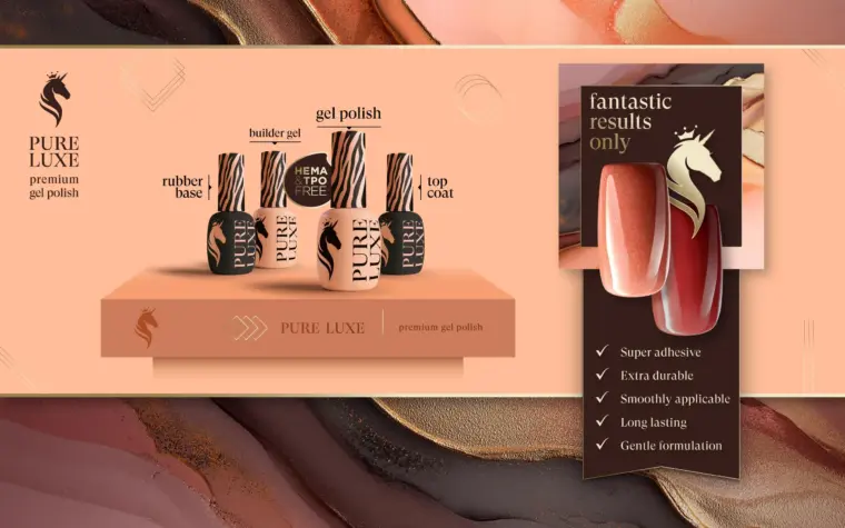 Premium cosmetic packaging design and brand identity for PURE LUXE nail care products featuring custom logo design and luxury product packaging