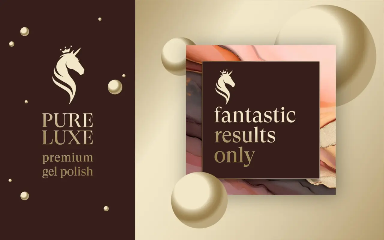 Premium cosmetics branding and packaging design and brand identity for PURE LUXE nail care products featuring custom logo design and luxury product packaging