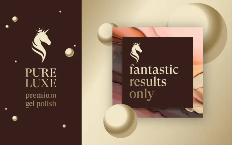 Premium cosmetics branding and packaging design and brand identity for PURE LUXE nail care products featuring custom logo design and luxury product packaging