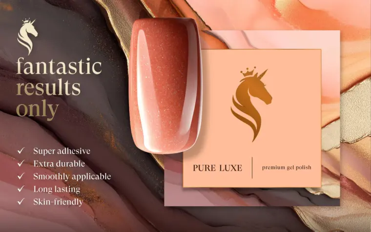 Premium cosmetics branding and packaging design and brand identity for PURE LUXE nail care products featuring custom logo design and luxury product packaging