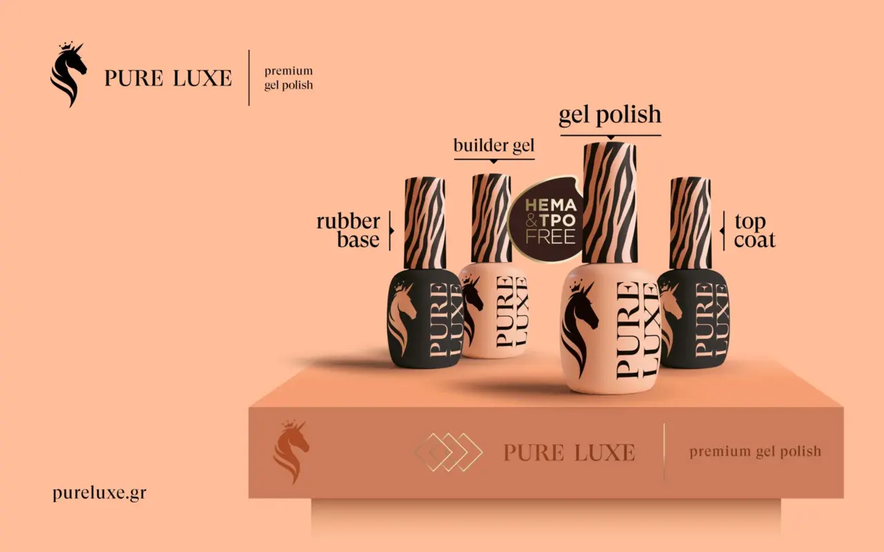 Premium cosmetics branding and packaging design and brand identity for PURE LUXE nail care products featuring custom logo design and luxury product packaging