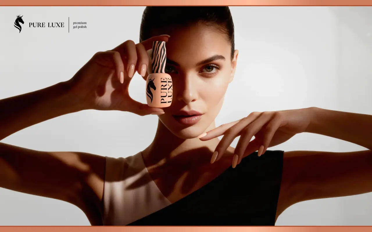 Premium cosmetics branding and packaging design and brand identity for PURE LUXE nail care products featuring custom logo design and luxury product packaging