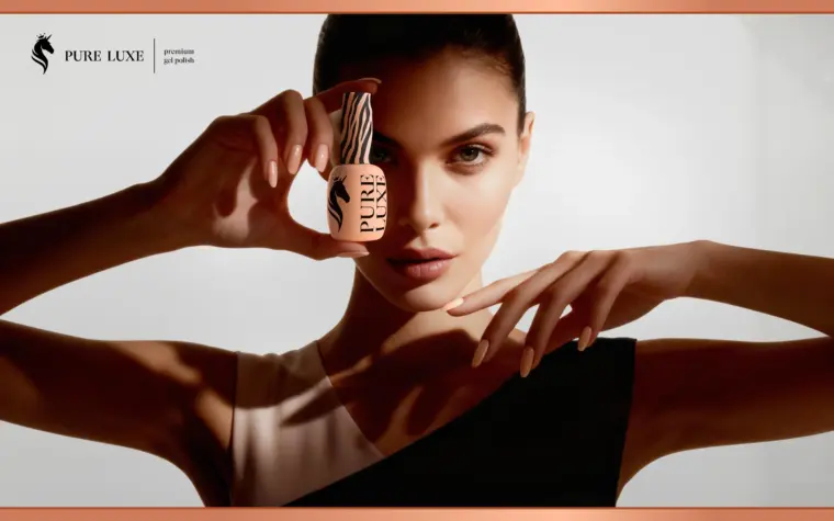 Premium cosmetics branding and packaging design and brand identity for PURE LUXE nail care products featuring custom logo design and luxury product packaging